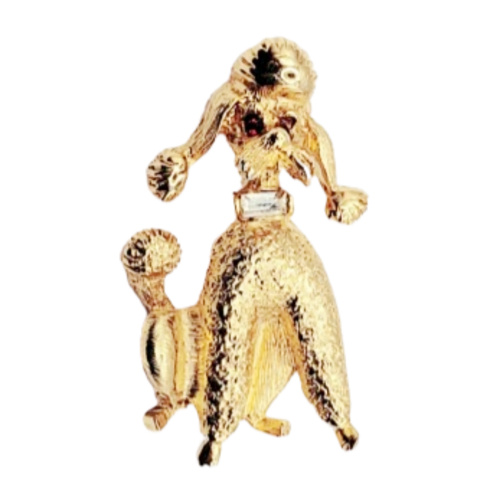 Pell Gold Poodle Brooch Rhinestone Eyes And Collar